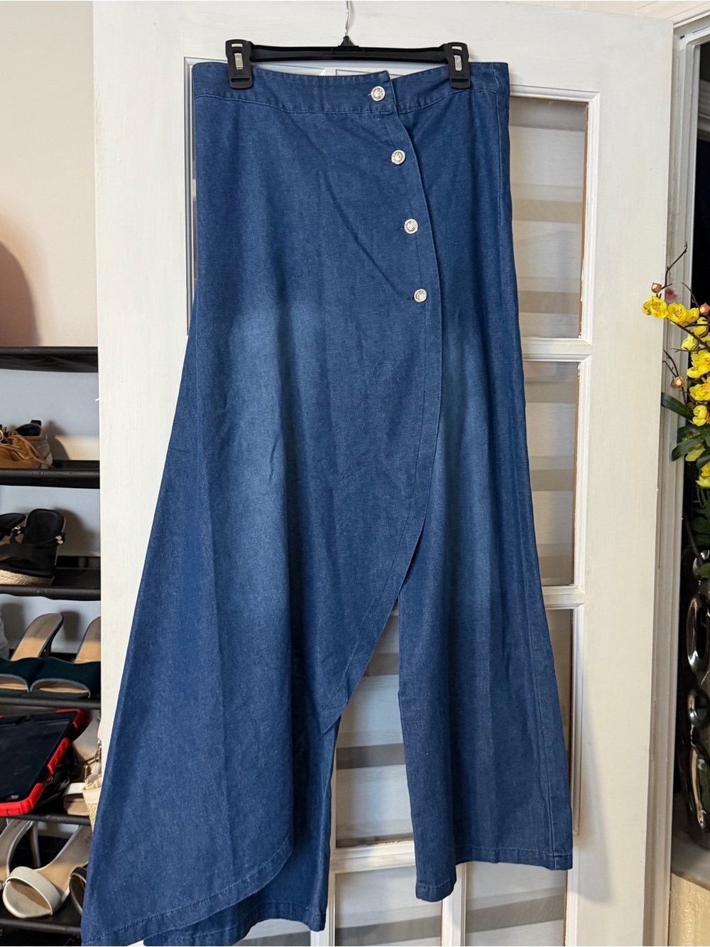 Button-Front Denim Maxi Skirt in Blue